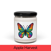 Front view: Juliet’s Butterfly soy candle — 9oz glass jar with butterfly label, Apple Harvest scent.