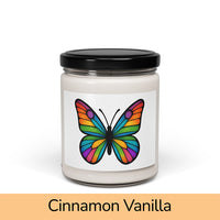 Front view: Juliet’s Butterfly soy candle — 9oz glass jar with butterfly label, Cinnamon Vanilla scent.