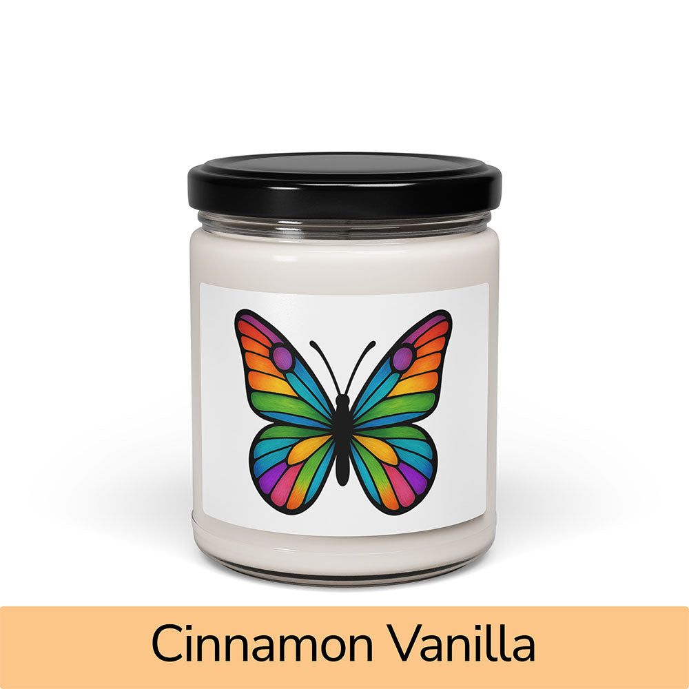 Front view: Juliet’s Butterfly soy candle — 9oz glass jar with butterfly label, Cinnamon Vanilla scent.