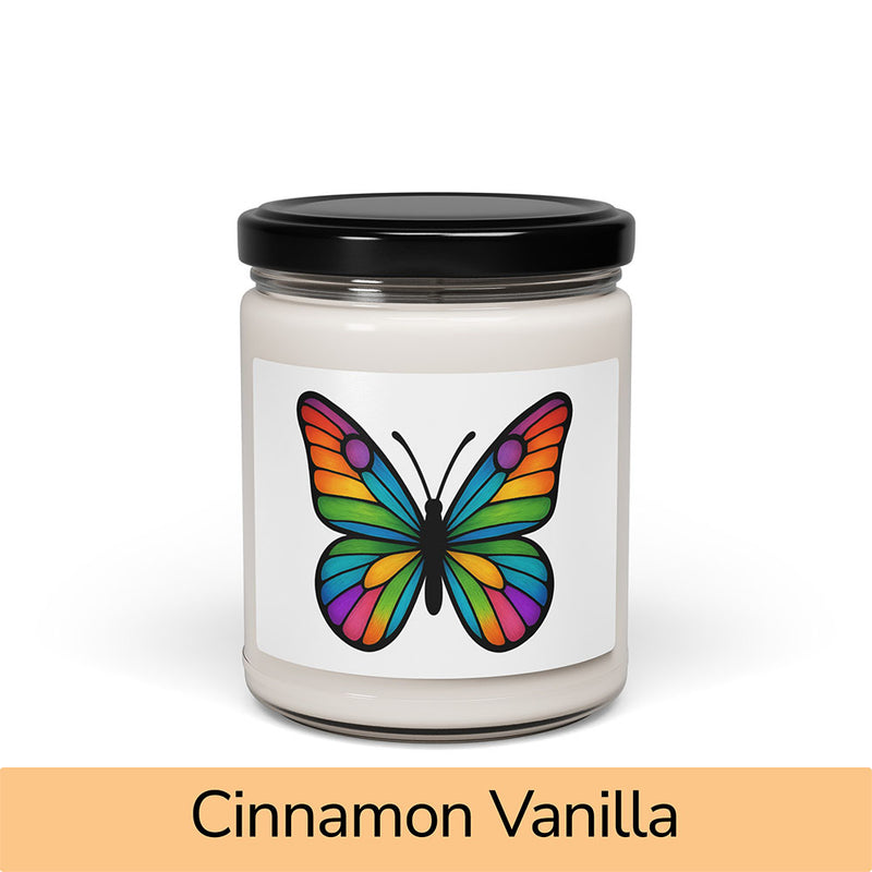 Front view: Juliet’s Butterfly soy candle — 9oz glass jar with butterfly label, Cinnamon Vanilla scent.