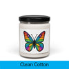 Front view: Juliet’s Butterfly soy candle — 9oz glass jar with butterfly label, Clean Cotton scent.