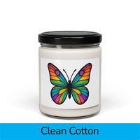 Front view: Juliet’s Butterfly soy candle — 9oz glass jar with butterfly label, Clean Cotton scent.