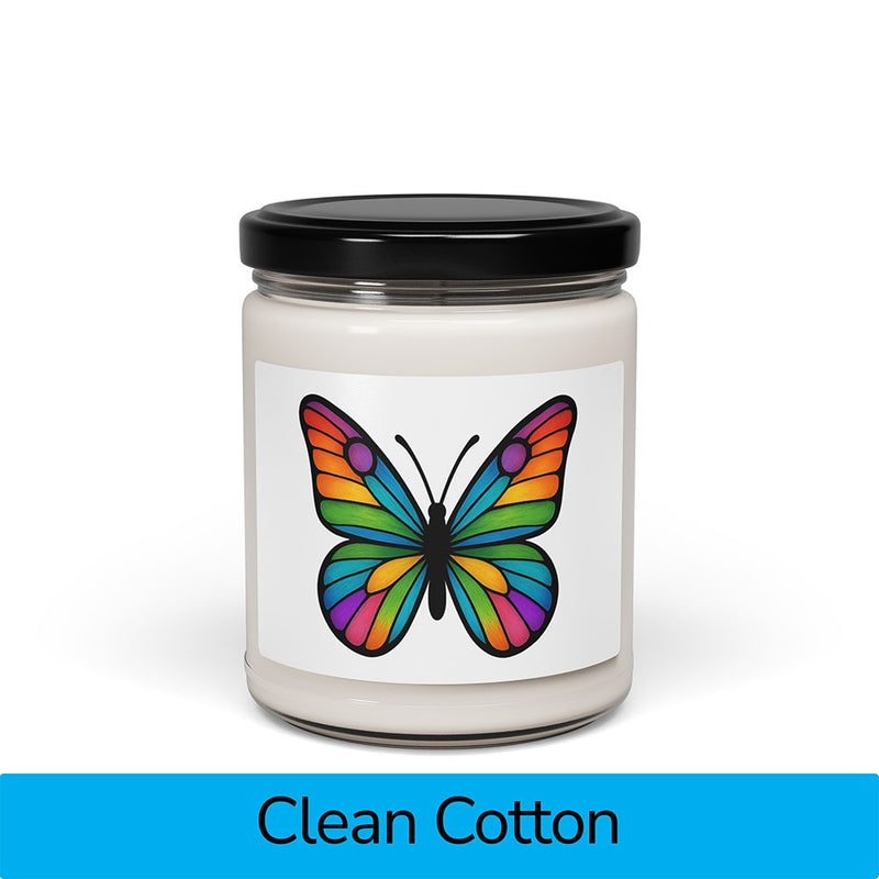 Front view: Juliet’s Butterfly soy candle — 9oz glass jar with butterfly label, Clean Cotton scent.