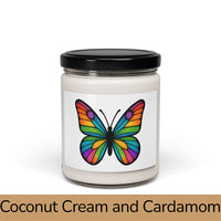 Front view: Juliet’s Butterfly soy candle — 9oz glass jar with butterfly label, Coconut Cream and Cardamom scent.