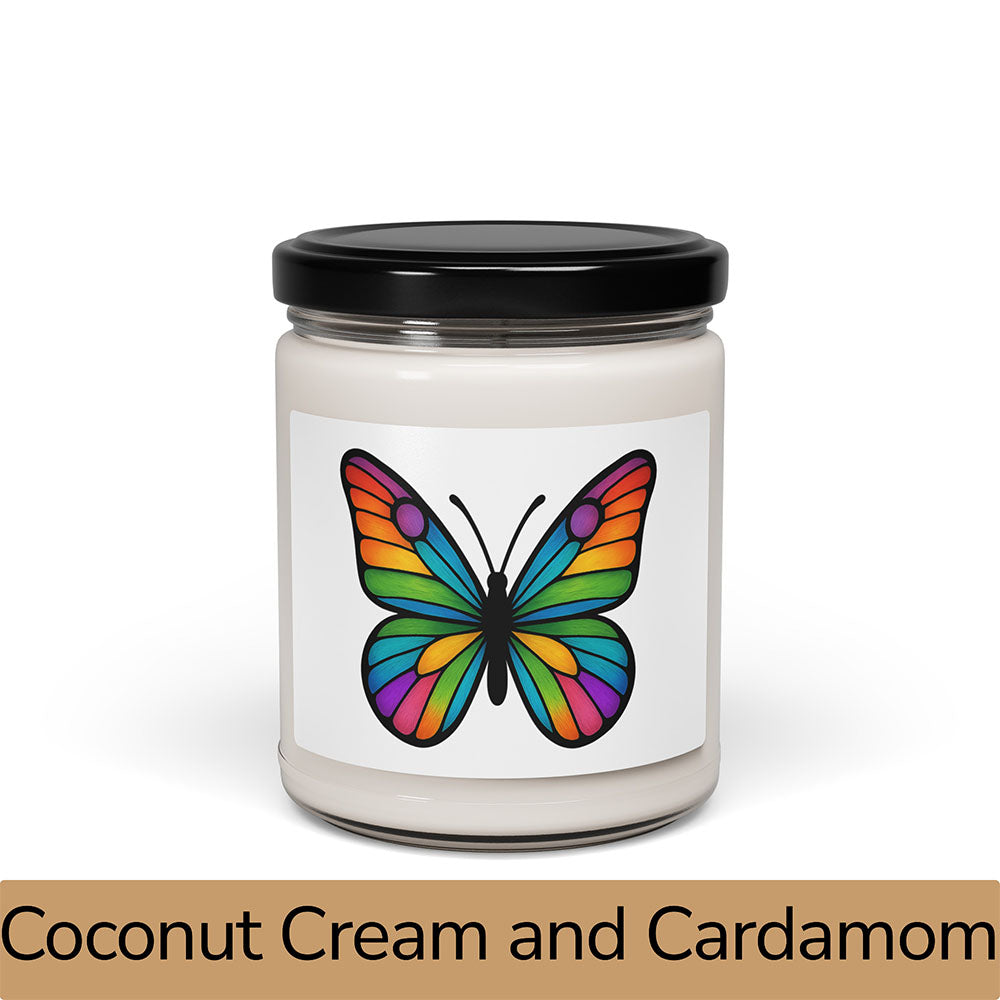 Front view: Juliet’s Butterfly soy candle — 9oz glass jar with butterfly label, Coconut Cream and Cardamom scent.