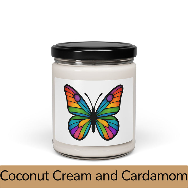 Front view: Juliet’s Butterfly soy candle — 9oz glass jar with butterfly label, Coconut Cream and Cardamom scent.