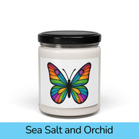 Front view: Juliet’s Butterfly soy candle — 9oz glass jar with butterfly label, Sea Salt and Orchid scent.