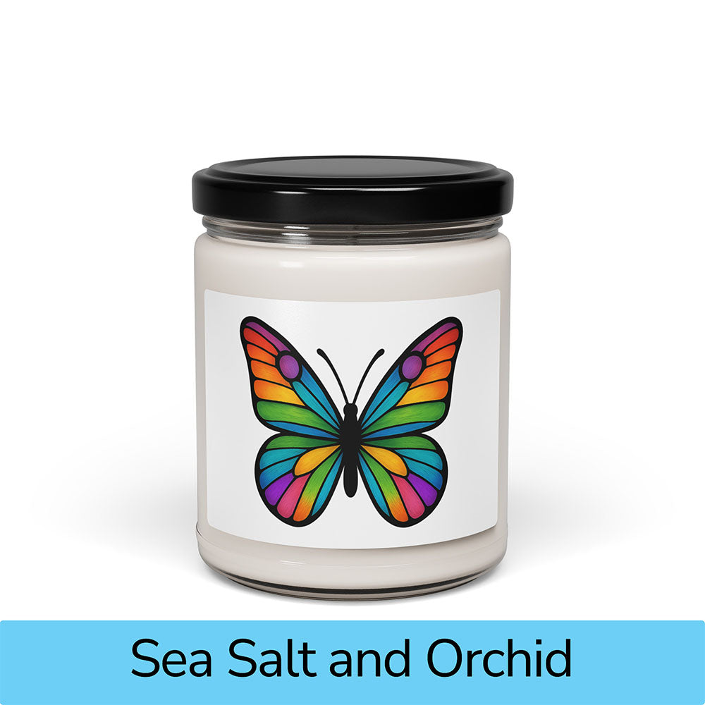 Front view: Juliet’s Butterfly soy candle — 9oz glass jar with butterfly label, Sea Salt and Orchid scent.