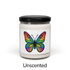 Front view: Juliet’s Butterfly soy candle — 9oz glass jar with butterfly label, Unscented.