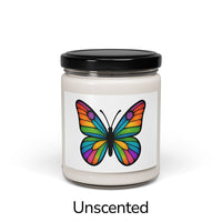 Front view: Juliet’s Butterfly soy candle — 9oz glass jar with butterfly label, Unscented.