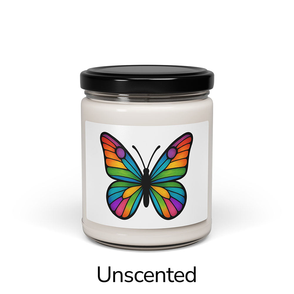 Front view: Juliet’s Butterfly soy candle — 9oz glass jar with butterfly label, Unscented.