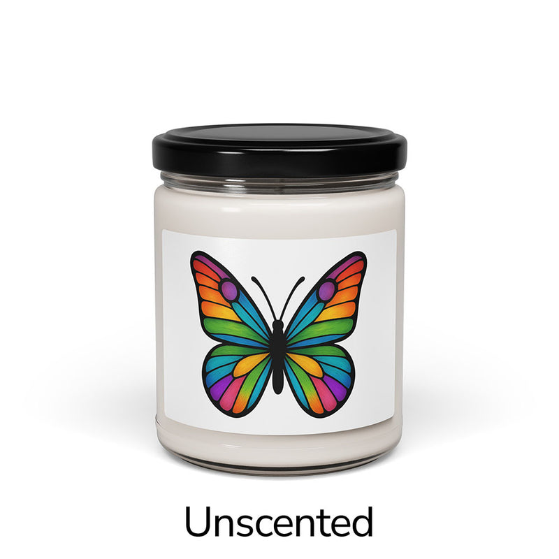 Front view: Juliet’s Butterfly soy candle — 9oz glass jar with butterfly label, Unscented.
