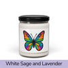 Front view: Juliet’s Butterfly soy candle — 9oz glass jar with butterfly label, White Sage and Lavender scent.