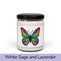 Front view: Juliet’s Butterfly soy candle — 9oz glass jar with butterfly label, White Sage and Lavender scent.