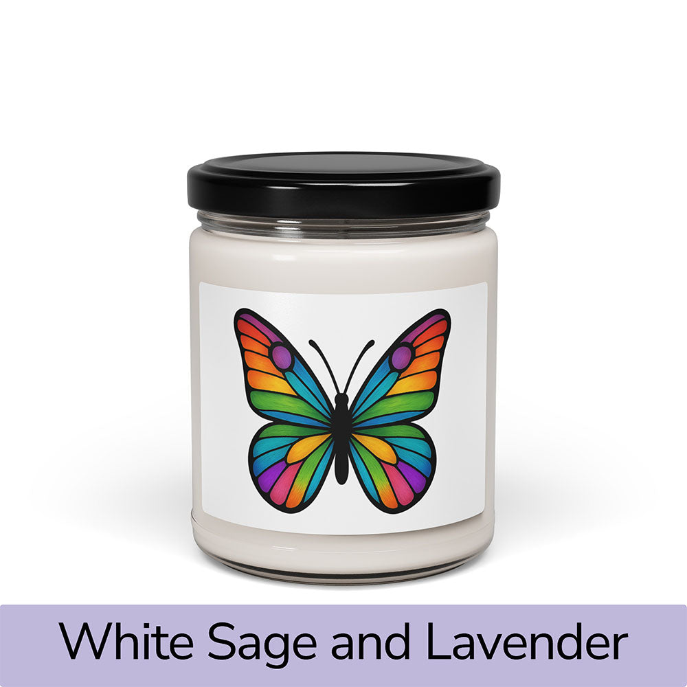 Front view: Juliet’s Butterfly soy candle — 9oz glass jar with butterfly label, White Sage and Lavender scent.