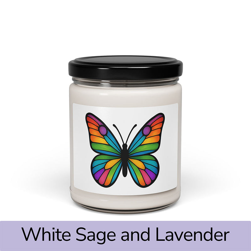 Front view: Juliet’s Butterfly soy candle — 9oz glass jar with butterfly label, White Sage and Lavender scent.