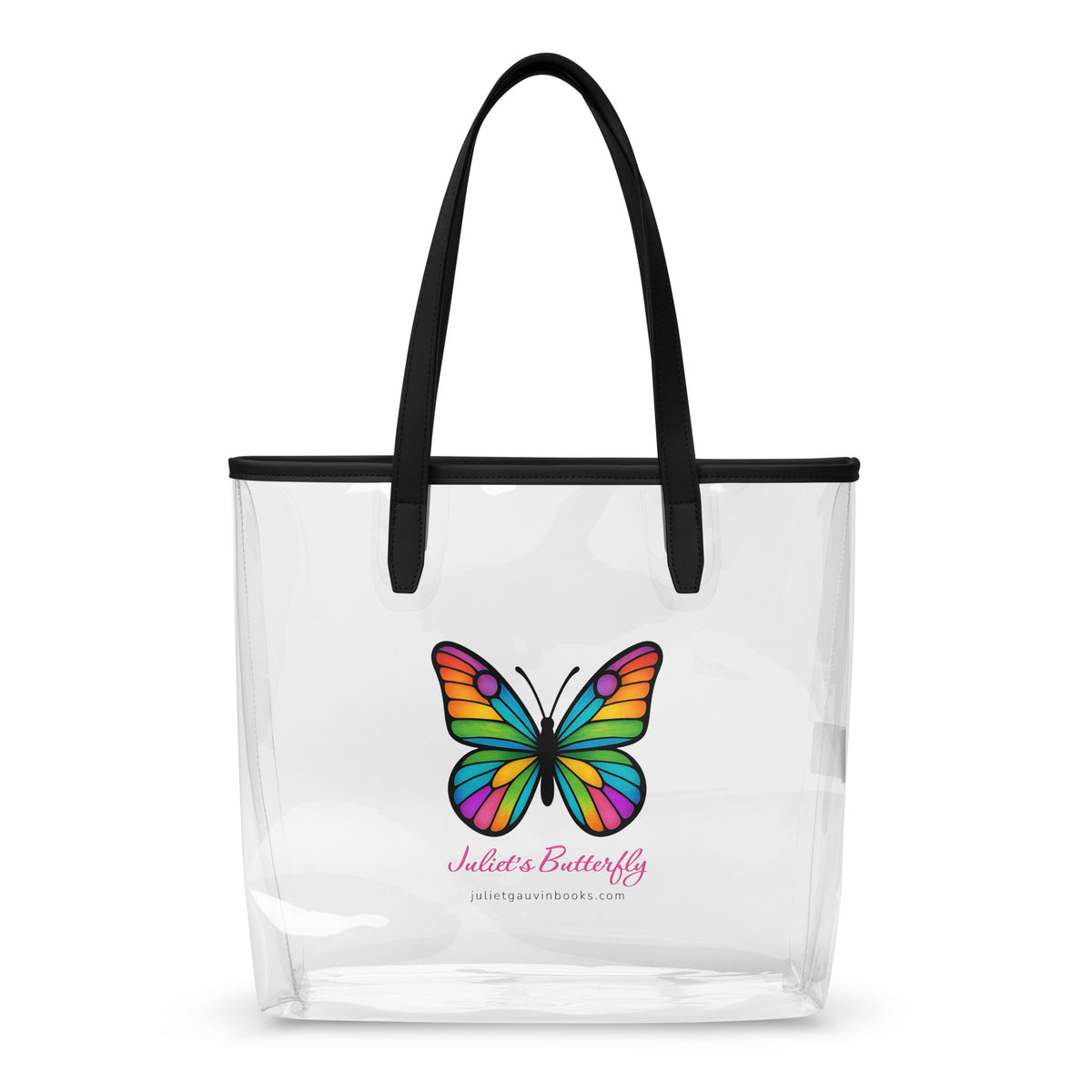 Clear Tote Bag Stadium or Beach Ready with Colorful Butterfly, Created by Women’s Fiction & Romance Author Juliet Gauvin
