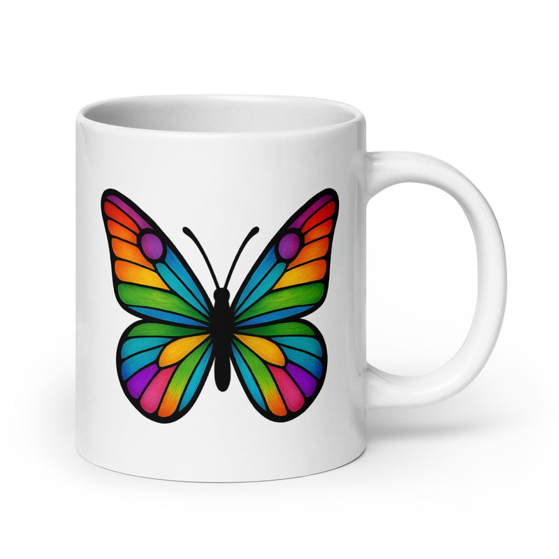 Front view: Juliet’s Butterfly oversized ceramic coffee mug — 20oz white mug with butterfly design.