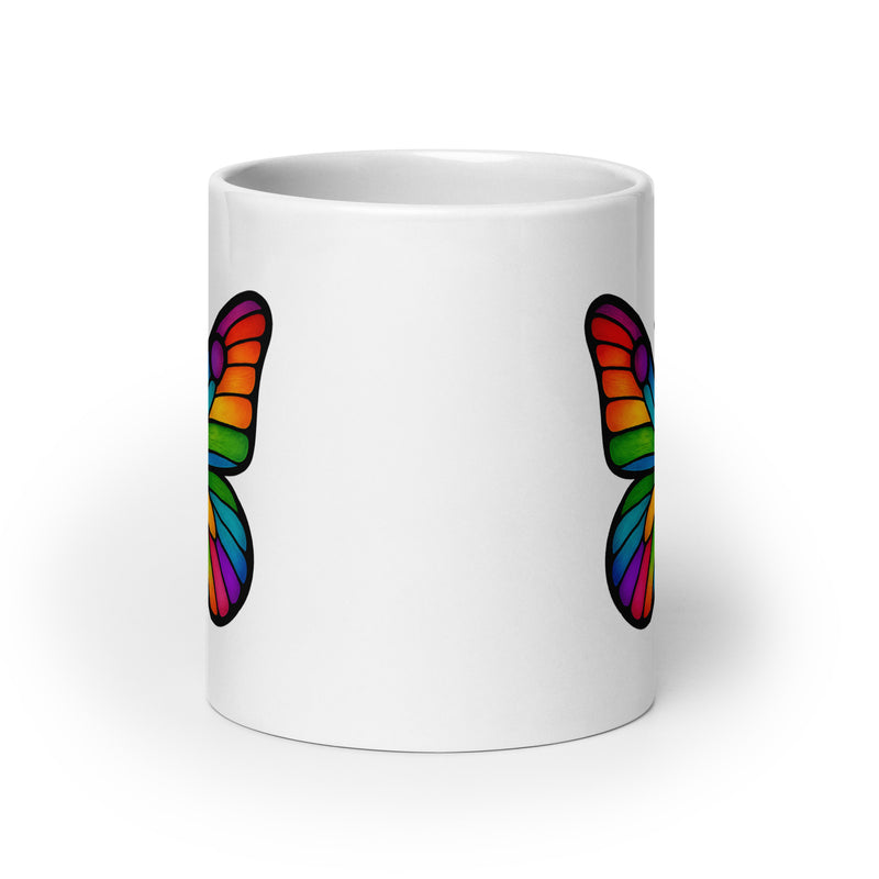 Side view: Juliet’s Butterfly oversized ceramic coffee mug — 20oz white mug with butterfly design.