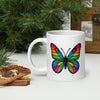 Back view: Juliet’s Butterfly oversized ceramic coffee mug — 20oz white mug with butterfly design.