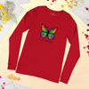 Flat view of butterfly print on Mags Red long sleeve — spectrum wing detail.