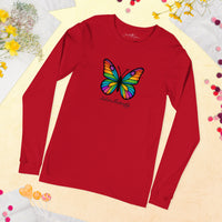 Flat view of butterfly print on Mags Red long sleeve — spectrum wing detail.
