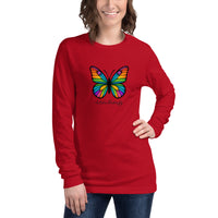 Juliet’s Butterfly long sleeve, Mags Red on model — bold red tone with multi-color butterfly graphic.