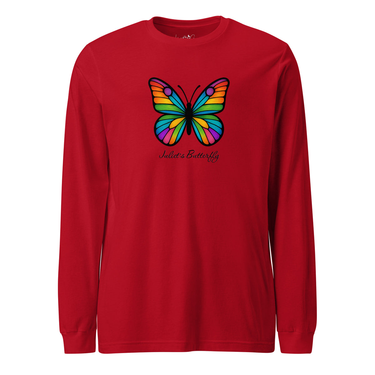 Juliet’s Butterfly women’s long sleeve T-shirt in Mags Red — front view; deep red top with color-rich butterfly art.