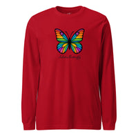 Juliet’s Butterfly women’s long sleeve T-shirt in Mags Red — front view; deep red top with color-rich butterfly art.