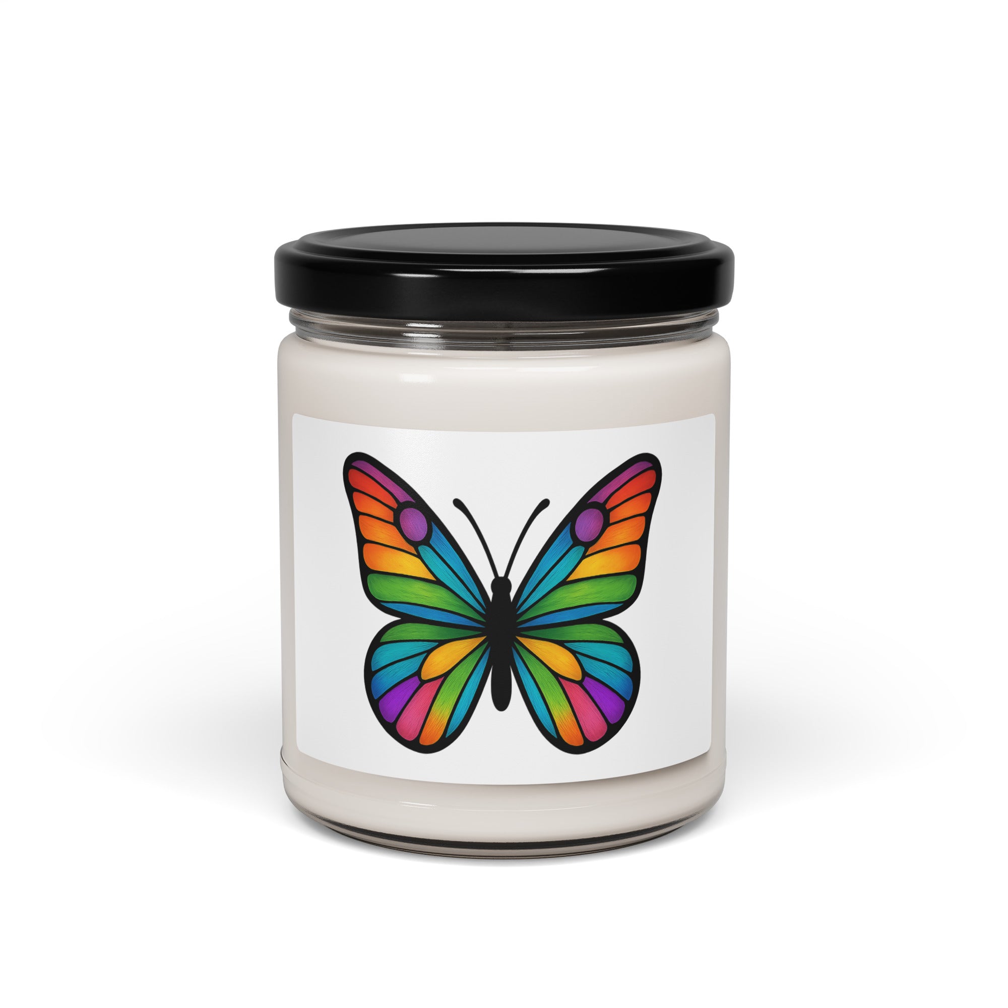 Front view: Juliet’s Butterfly soy candle — 9oz glass jar with butterfly label.
