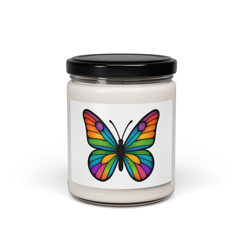 Front view: Juliet’s Butterfly soy candle — 9oz glass jar with butterfly label.