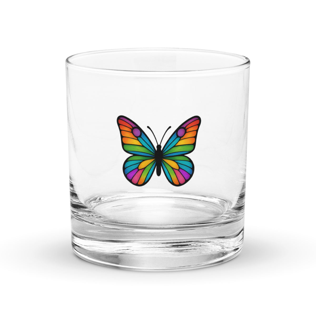 Rocks Glass Whisky Glass with Colorful Butterfly, Created by Women’s Fiction & Romance Author Juliet Gauvin