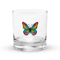 Rocks Glass Whisky Glass with Colorful Butterfly, Created by Women’s Fiction & Romance Author Juliet Gauvin