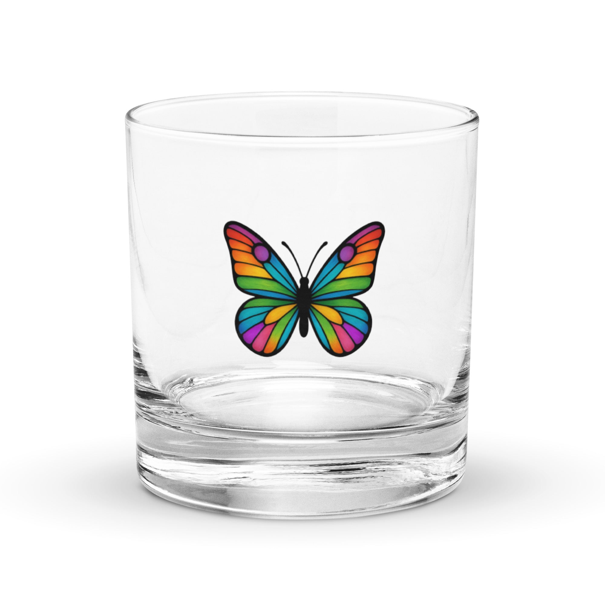 Rocks Glass Whisky Glass with Colorful Butterfly, Created by Women’s Fiction & Romance Author Juliet Gauvin