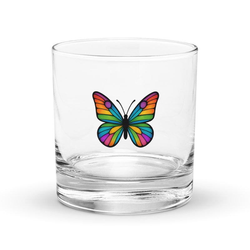 Rocks Glass Whisky Glass with Colorful Butterfly, Created by Women’s Fiction & Romance Author Juliet Gauvin