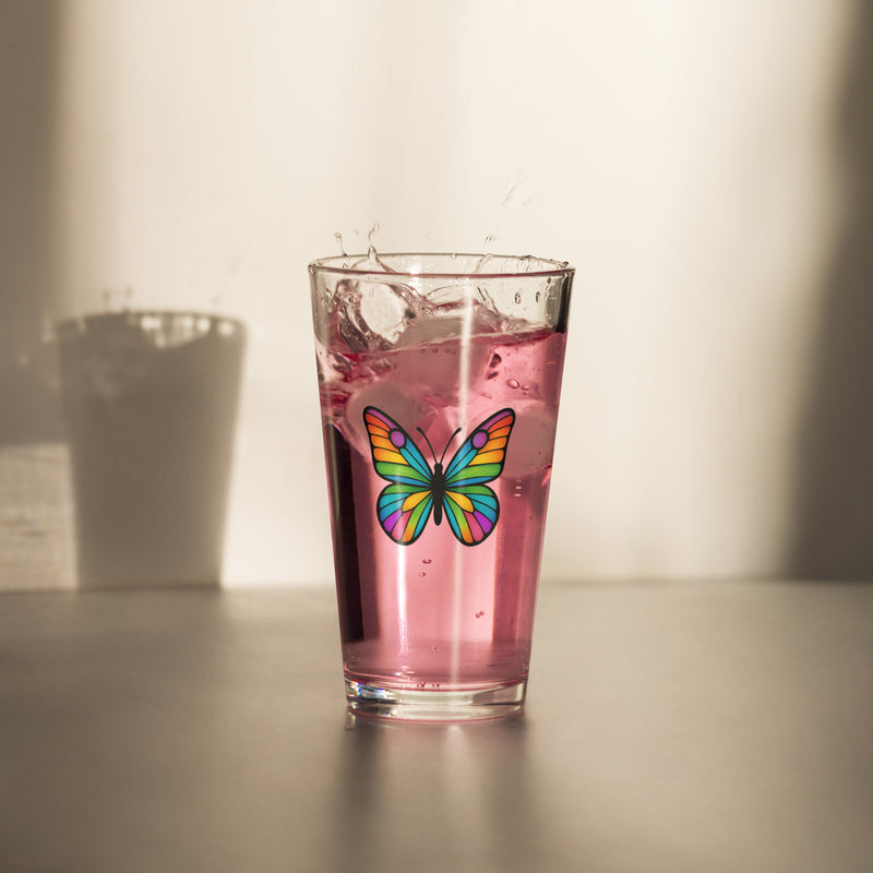 Pint Glass with Colorful Butterfly, Created by Women’s Fiction & Romance Author Juliet Gauvin