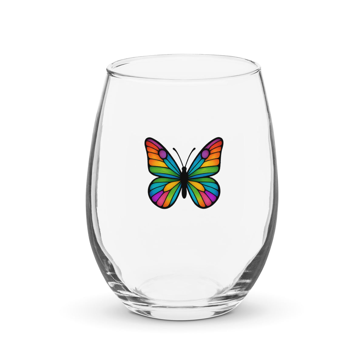 Stemless Wine Glass with Colorful Butterfly, Created by Women’s Fiction & Romance Author Juliet Gauvin