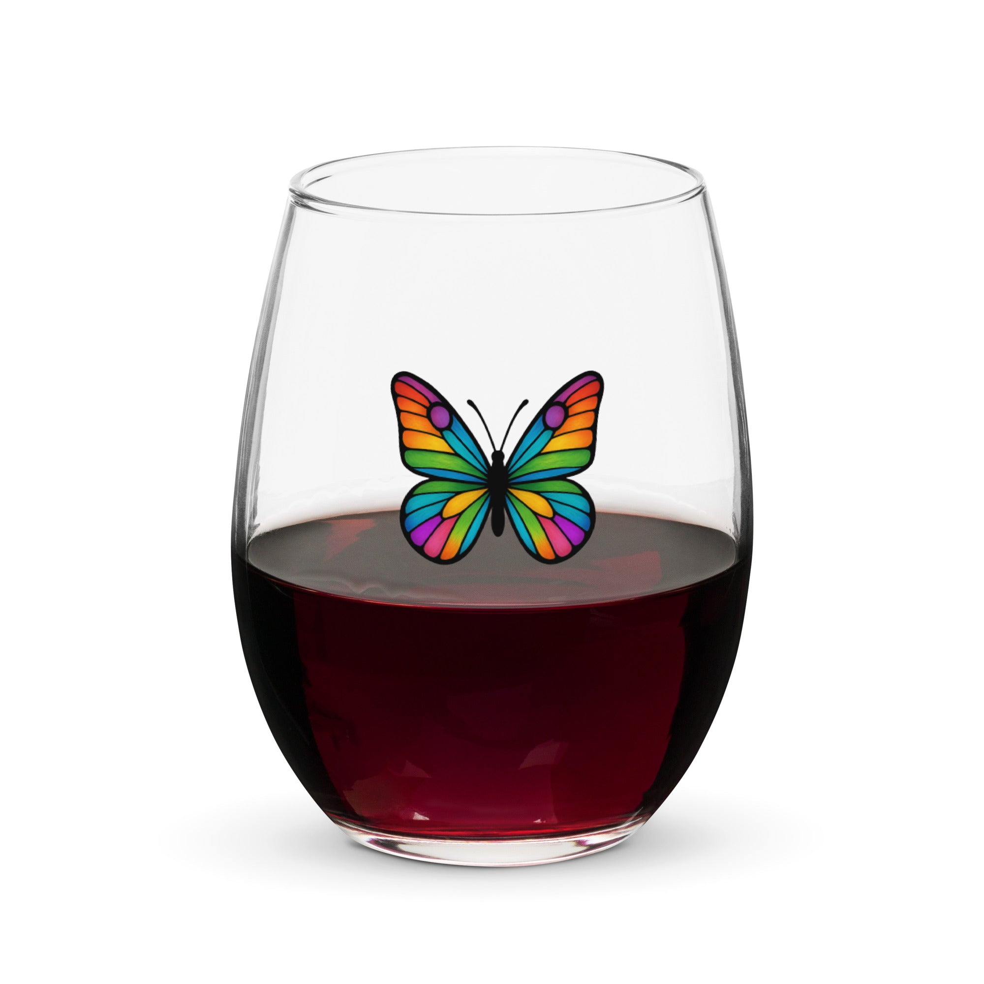 Stemless Wine Glass with Colorful Butterfly, Created by Women’s Fiction & Romance Author Juliet Gauvin