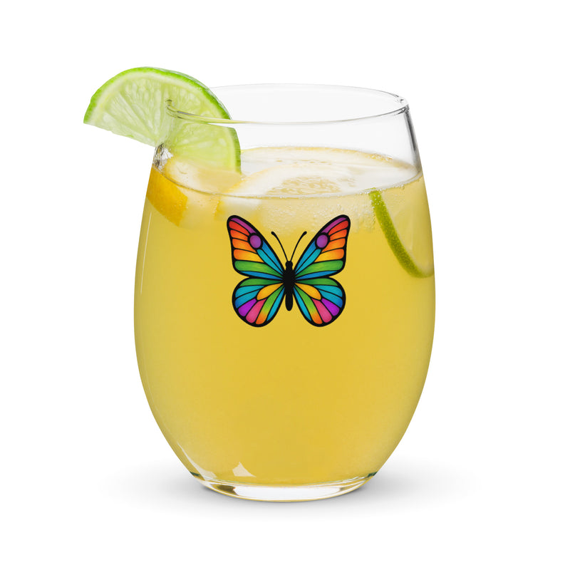 Stemless Wine Glass with Colorful Butterfly, Created by Women’s Fiction & Romance Author Juliet Gauvin